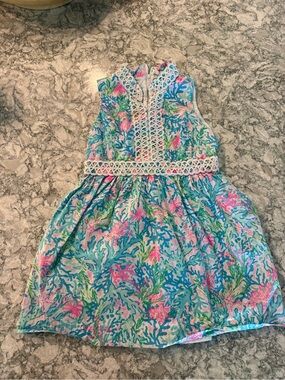 Lilly Pulitzer GIRLS MINI FRANCI DRESS Coral Bay Blue Pink Size 8 Preppy.